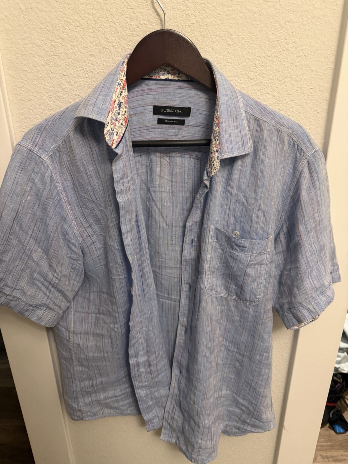 BUGATCHI 100% linen Print Short Sleeve Button Up Casual Blue Size m