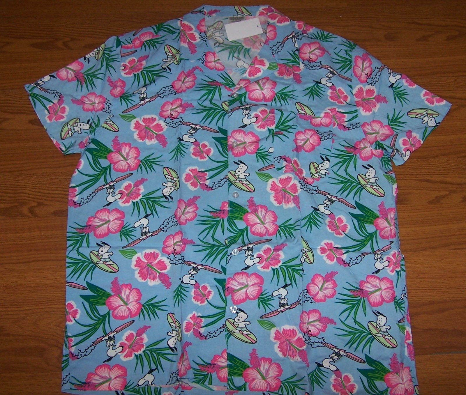 Peanuts Snoopy Surfing With Tropical Floral Light Blue Aloha XL Hawaiian Shirt
