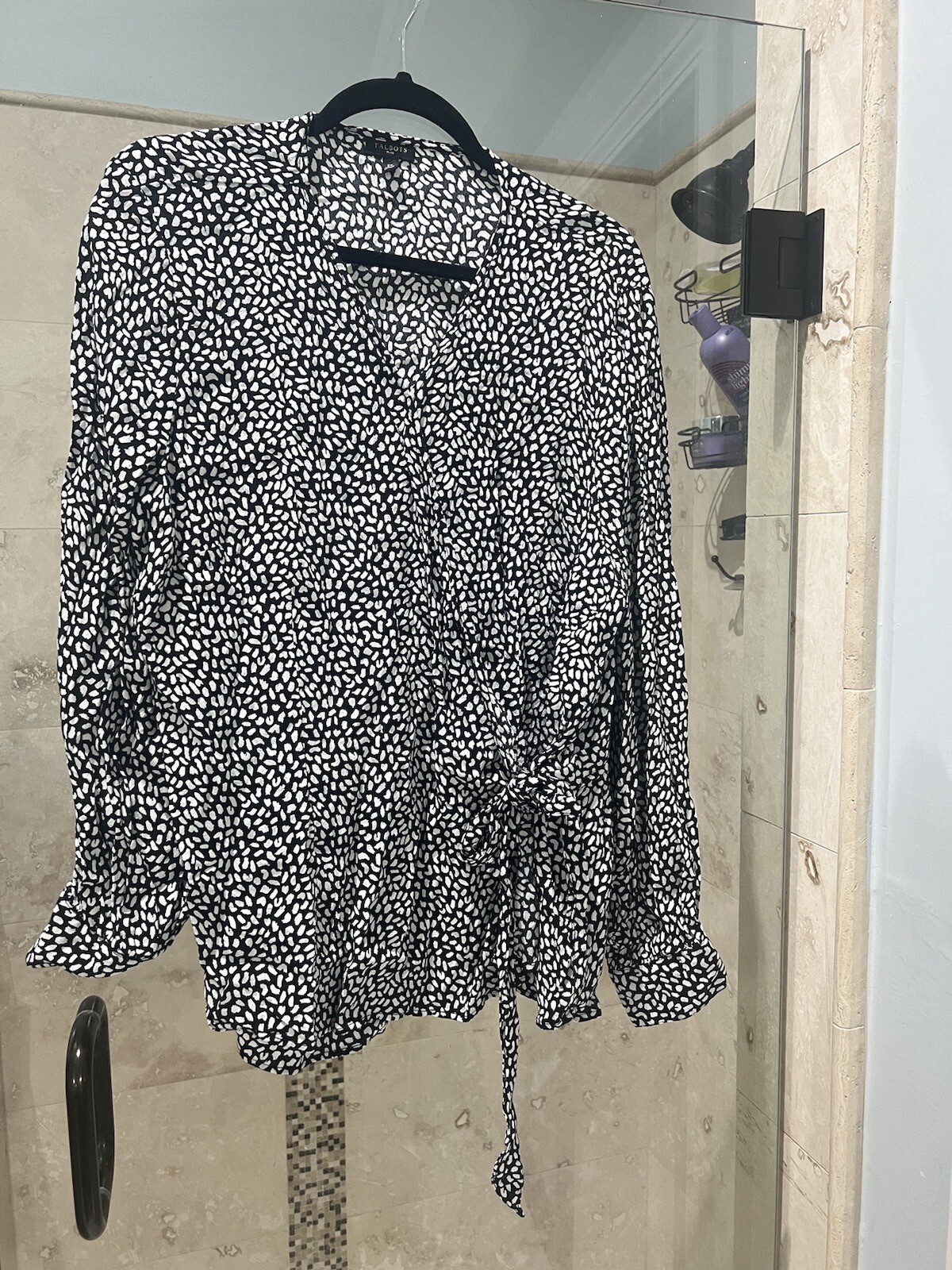 Talbots Faux Wrap Top Spot Print Long Sleeve Blouse Black White Plus 2x