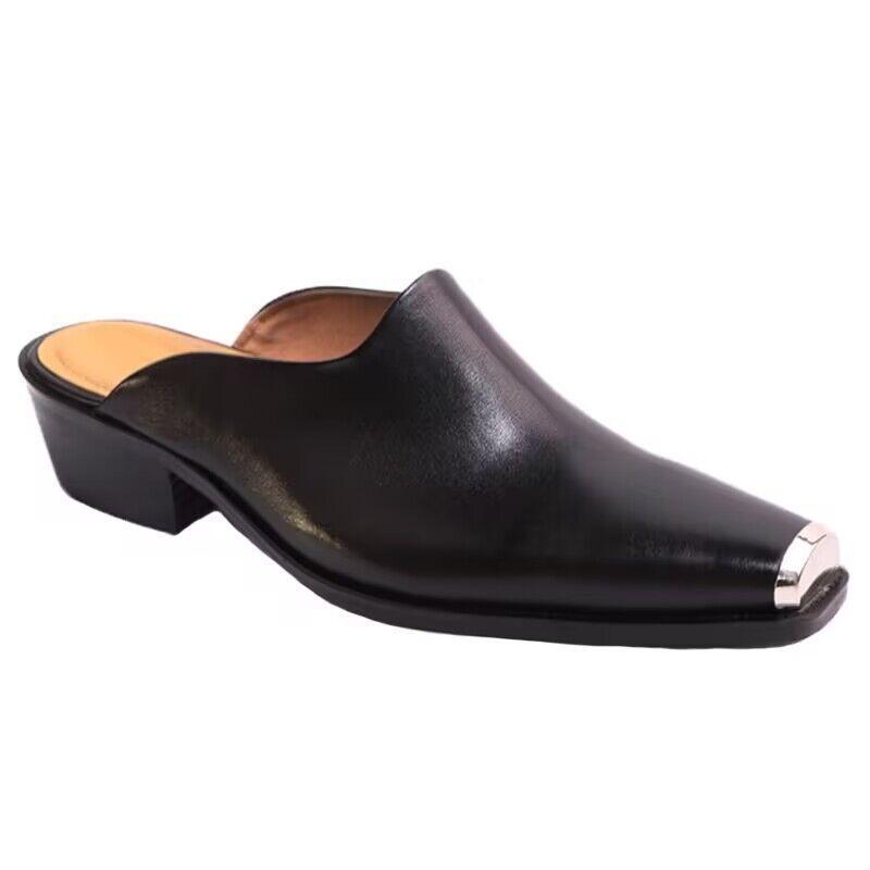 Mens Metal Square Toe Low Block Heel Half Slip On Leather Casual Slipper Shoes
