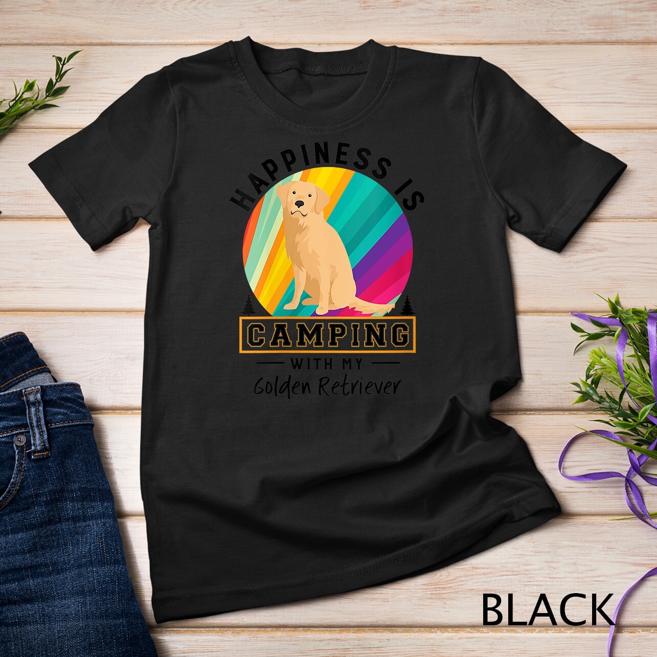 Womens Golden Retriever Dog Camping Outdoors Drawing Saying Gift Unisex T-shirt
