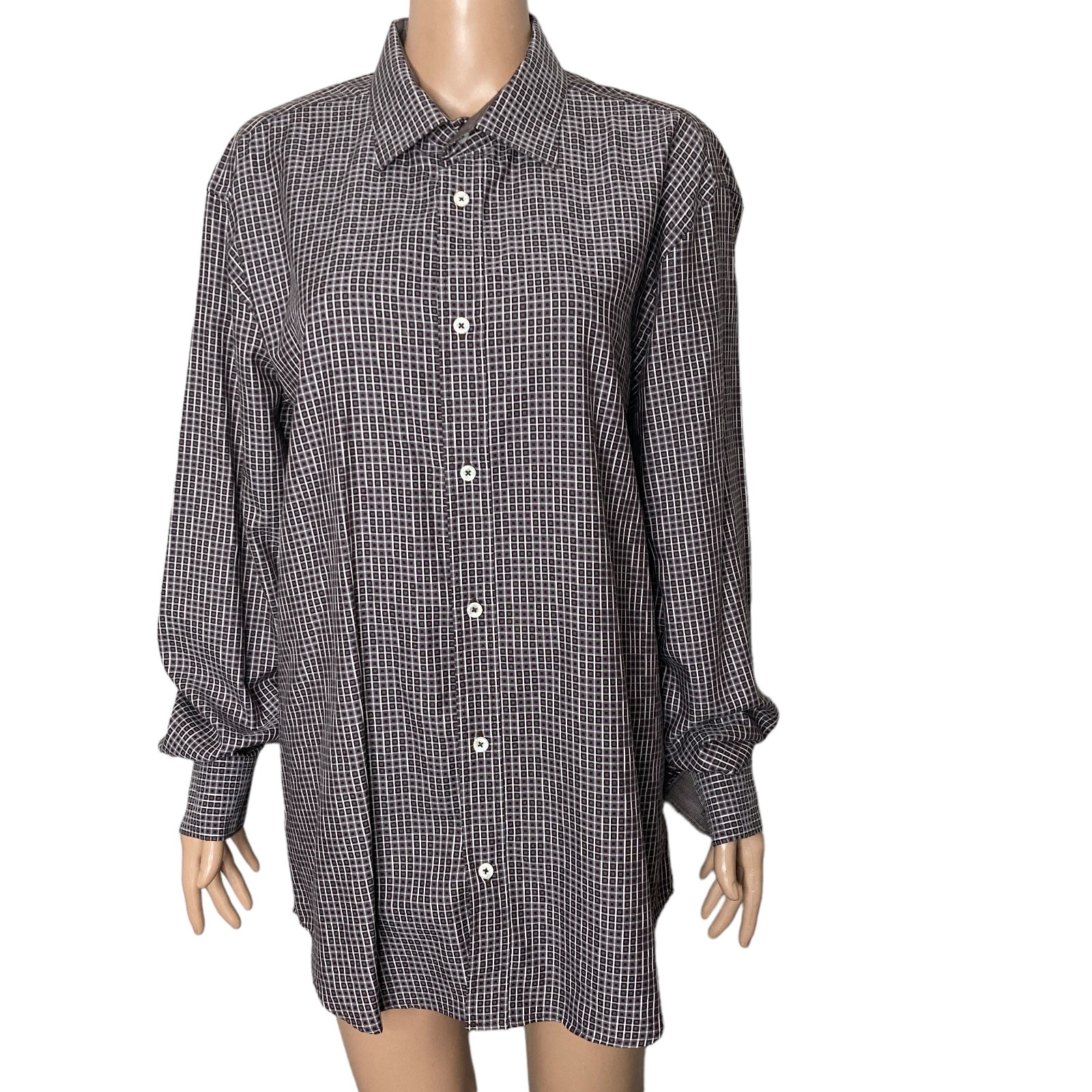Bugatchi Uomo Shirt Mens XL Shaped Fit Brown White Small Square Geometric