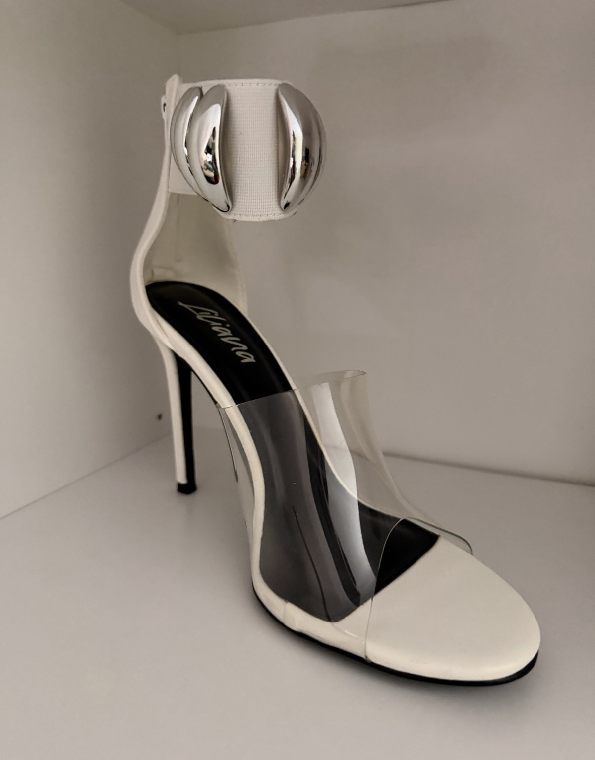 Liliana White Clear Stiletto Heels Open Toe Ankle Strap Zip