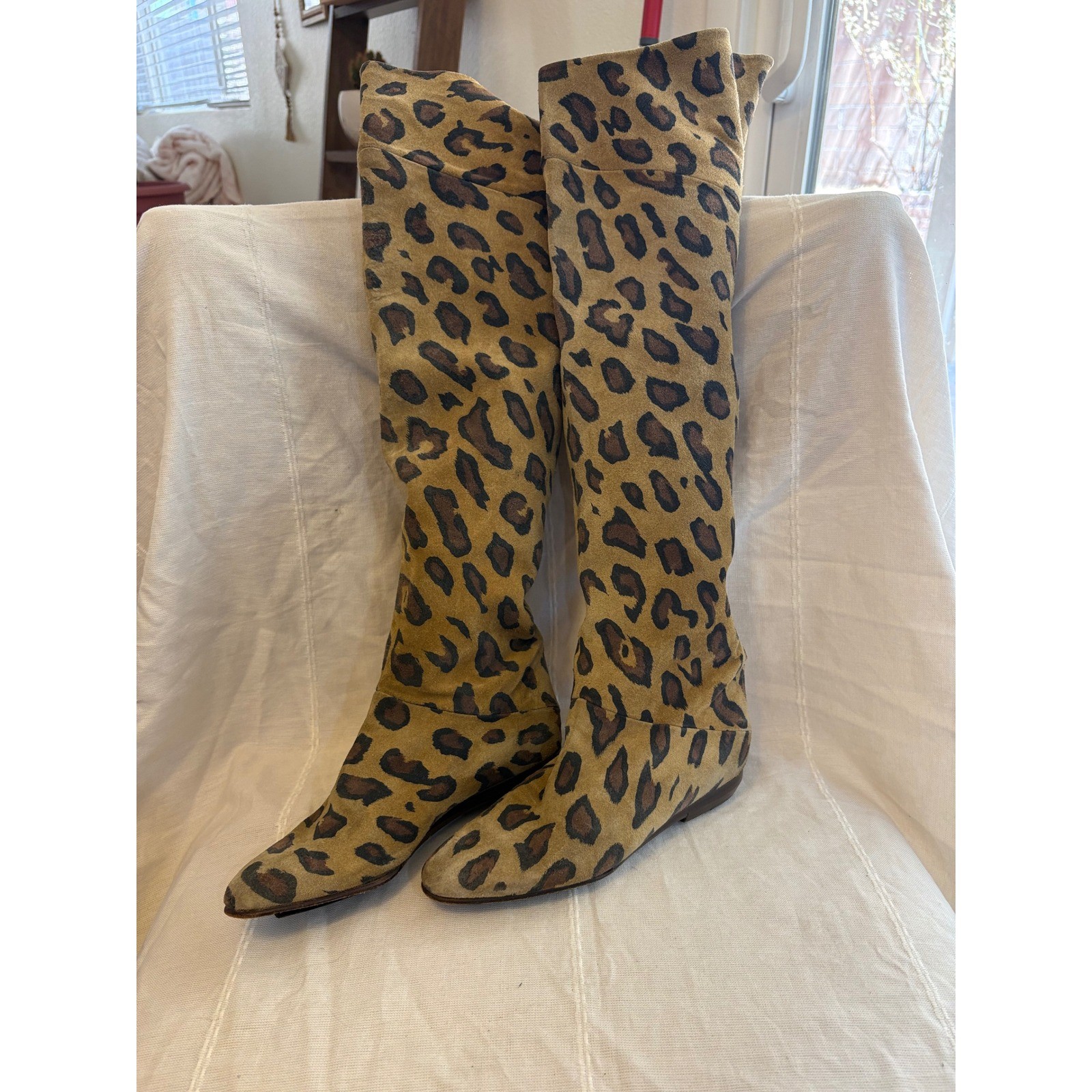 Vintage Made in Italy Leopard Print Suede Over the Knee Flat Boots Size 36