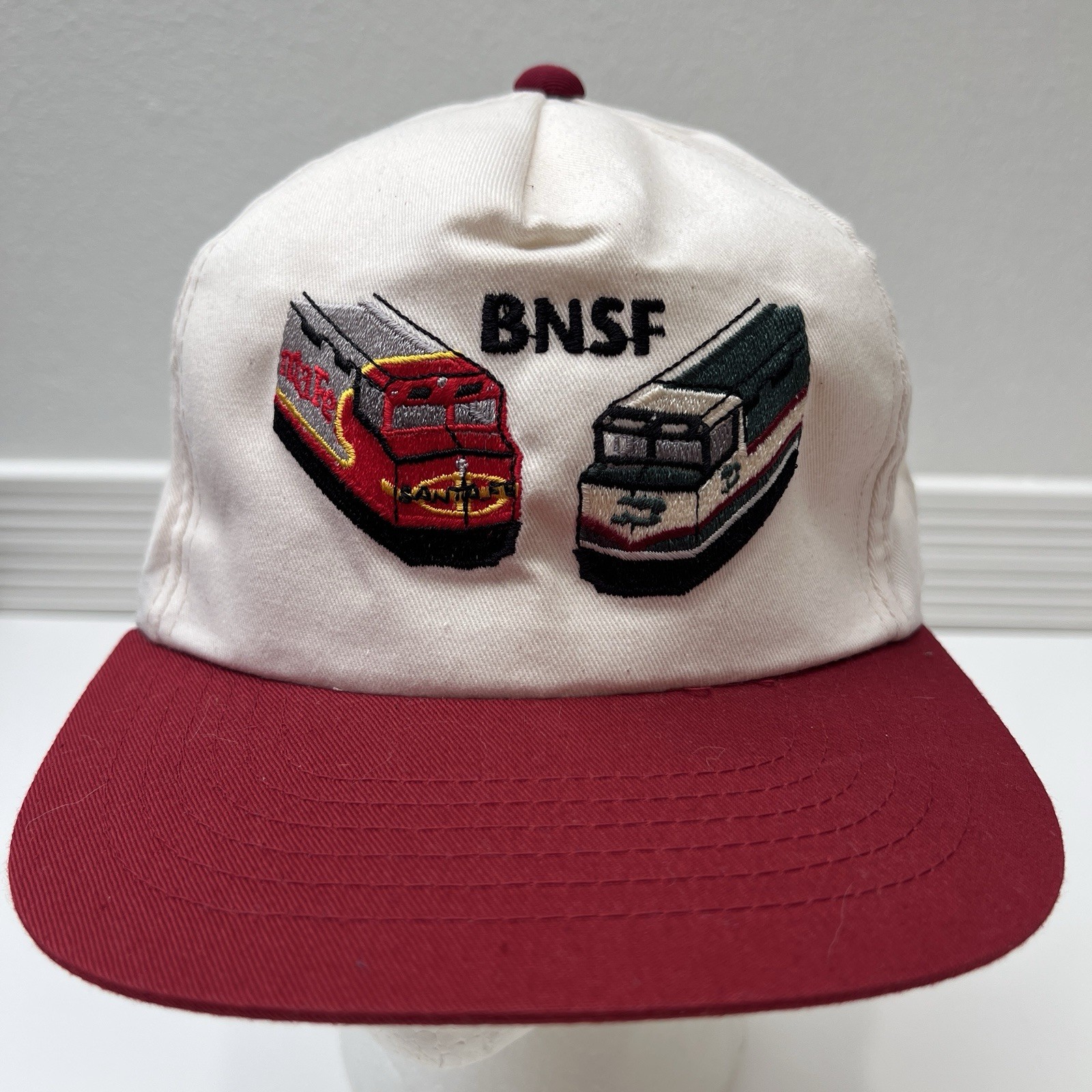 Vintage Burlington Northern Santa Fe Hat BNSF Railway Trains White Red SnapBack