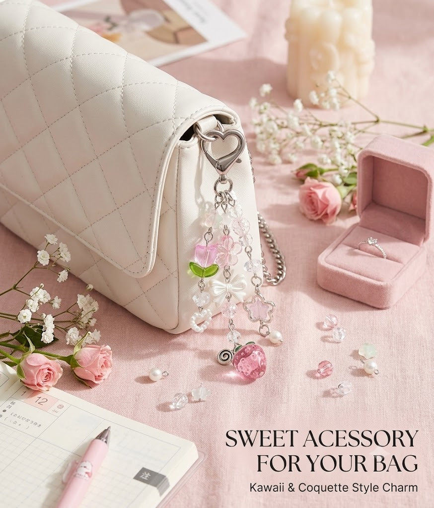 Cute Pink Strawberry & Flower Beaded Bag Charm / Keychain