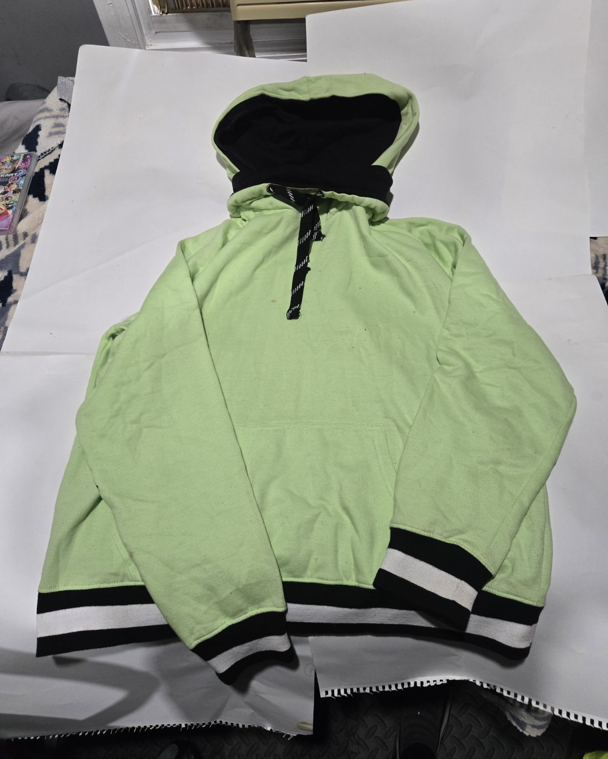 Women’s L Green Pullover Hoodie Half-Zip Hooded Cotton Knit Black/White