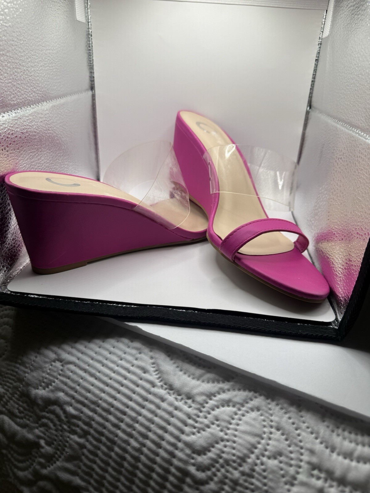 Solid Pink Clear Strap Slide Mule Open Toe Slip On Wedge Heel Women’s 12
