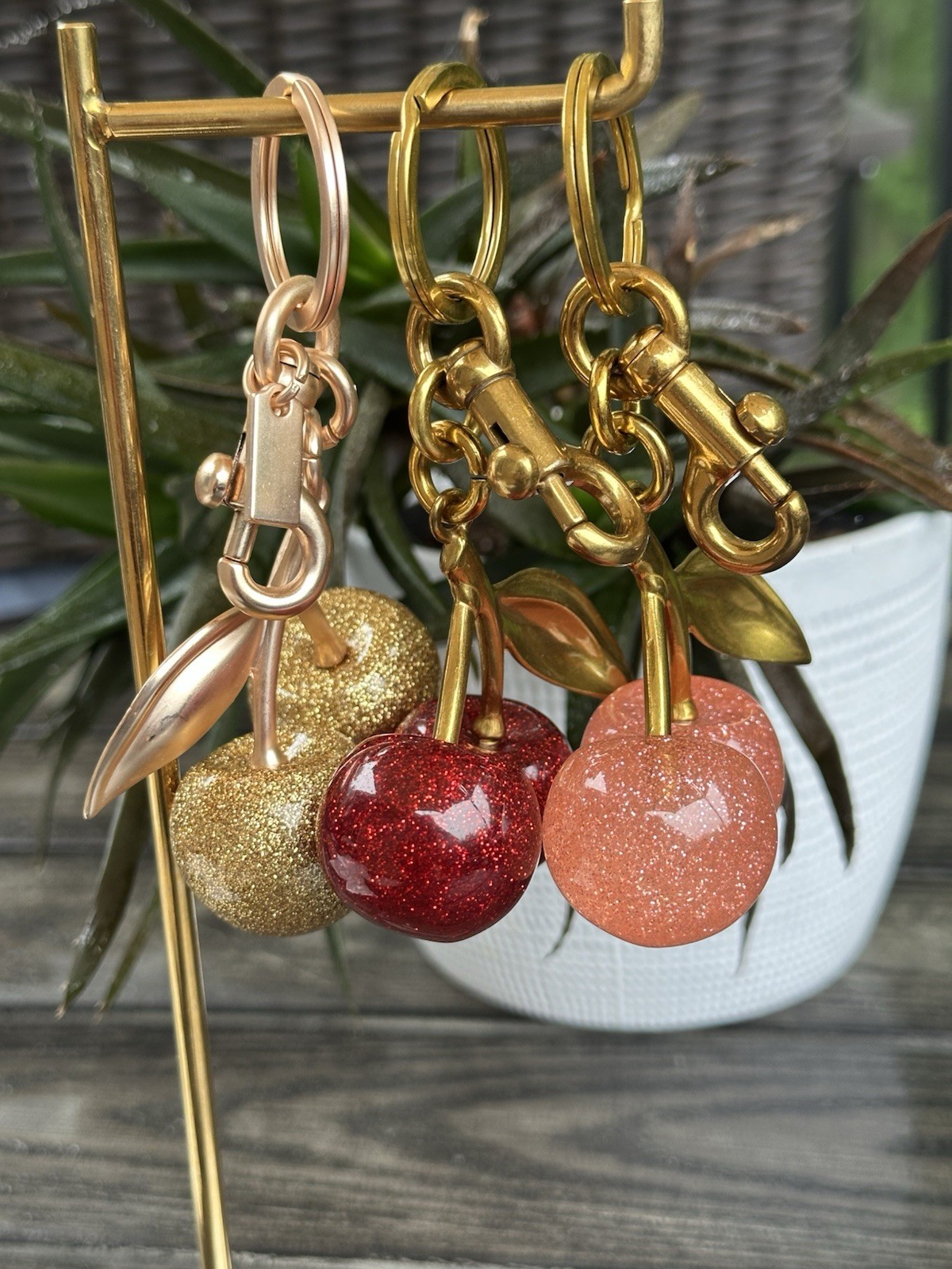 Glitter Blue Cherry Bag Charm Keychain – SILVER Hardware + Velvet Dustbag