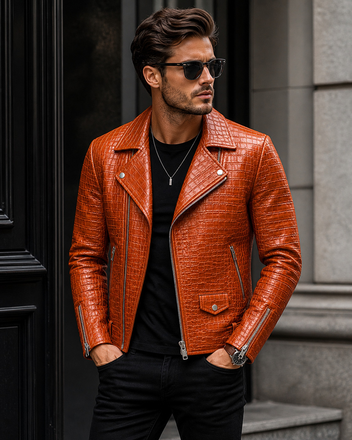 Crocodile Embossed Genuine Leather Men’s Luxury Jacket | Cafe Racer Biker Jacket