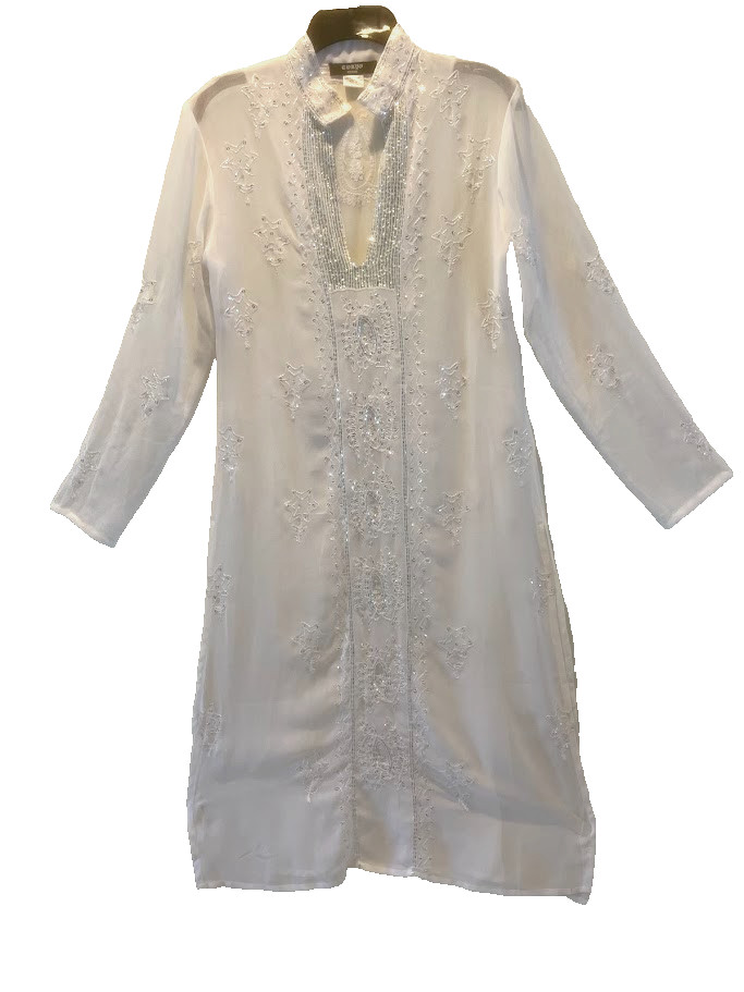 Tokyo Denim Beaded Embroidered Sheer White Floral Silver Sequin Dress M Size