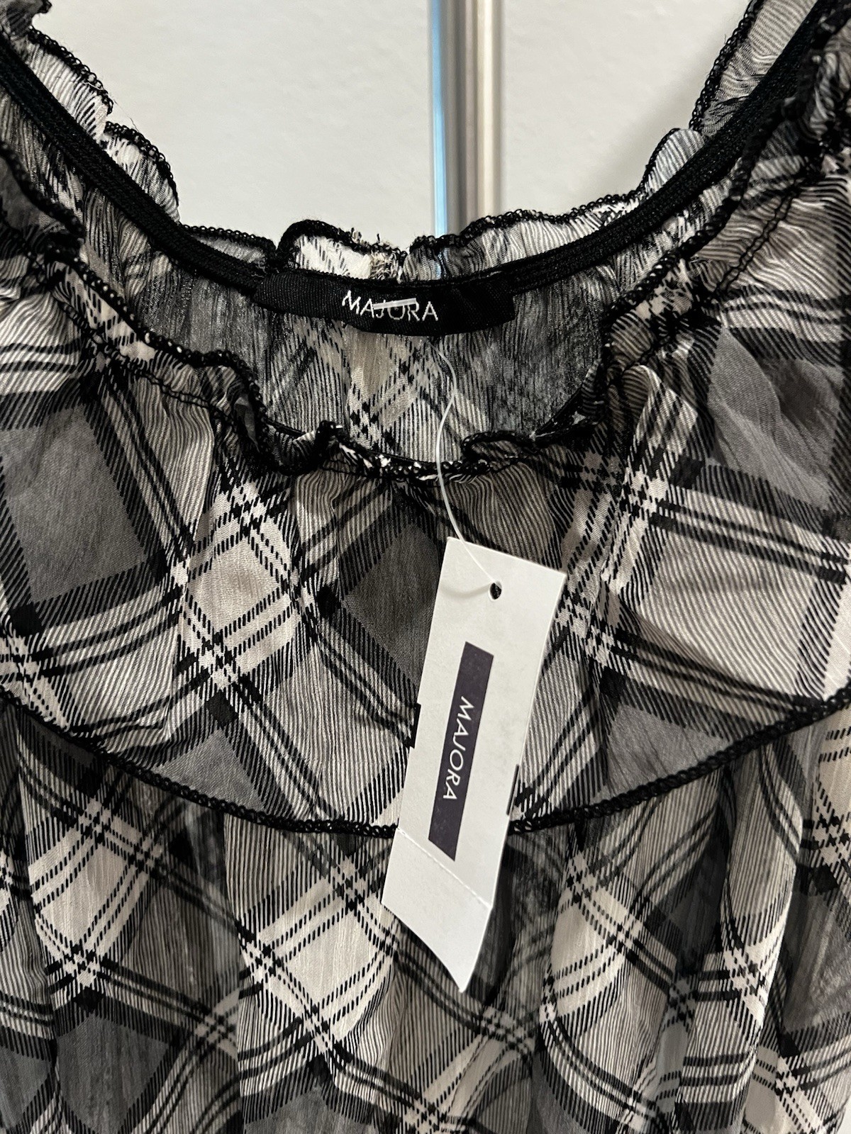 NWT Black White Plaid Blouse Sheer Chiffon Smocked Ruffle Top M