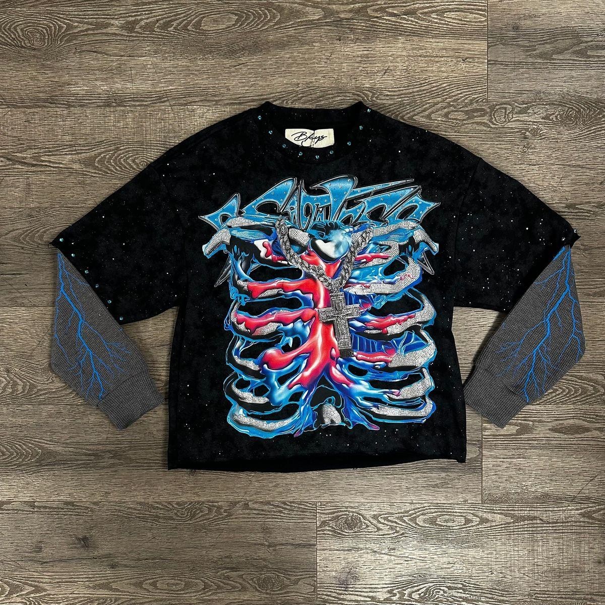 Men’s Black Skull Graphic Print Crew Neck Long Sleeve Regular Fit Cotton T-Shirt