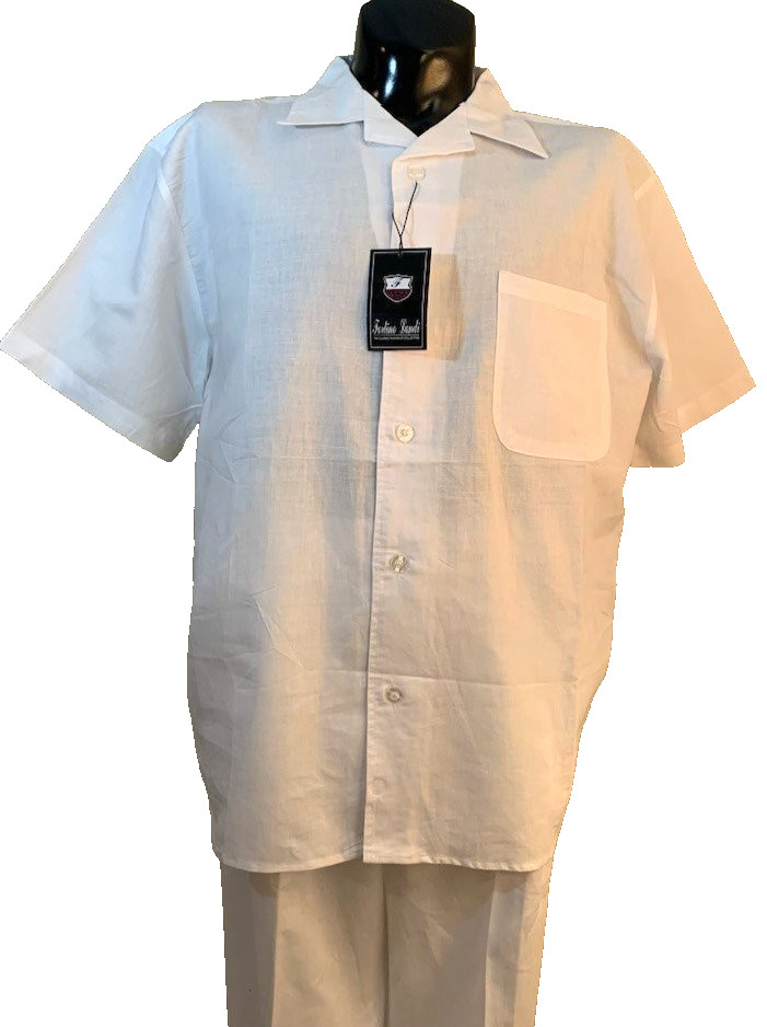 Fortino Landi Mens 2pc Walking Suit Linen Shirt Pleated Pants Set 2XL White 42