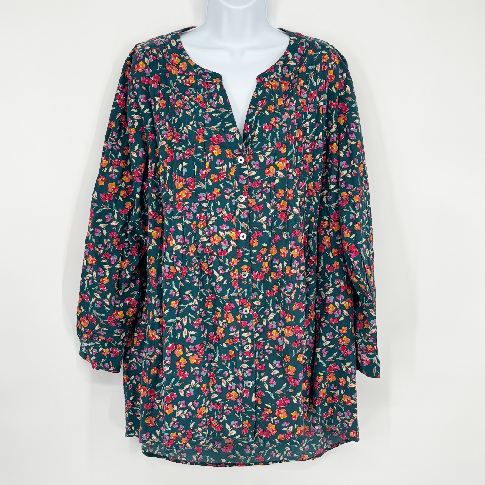 Romans 20W Green Floral Pintucked Prarie Cottagecore Boho Rolled Sleeves Top