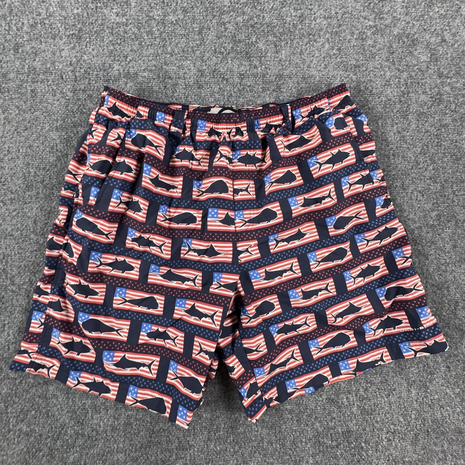 Columbia Swim Shorts Mens XL Patriotic Fish Flag Print PFG Omni-Shade Trunks