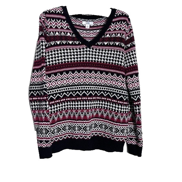 Fair Isle Knit Sweater Womens Large Classic Preppy Fisherman Colorful Dark Femme