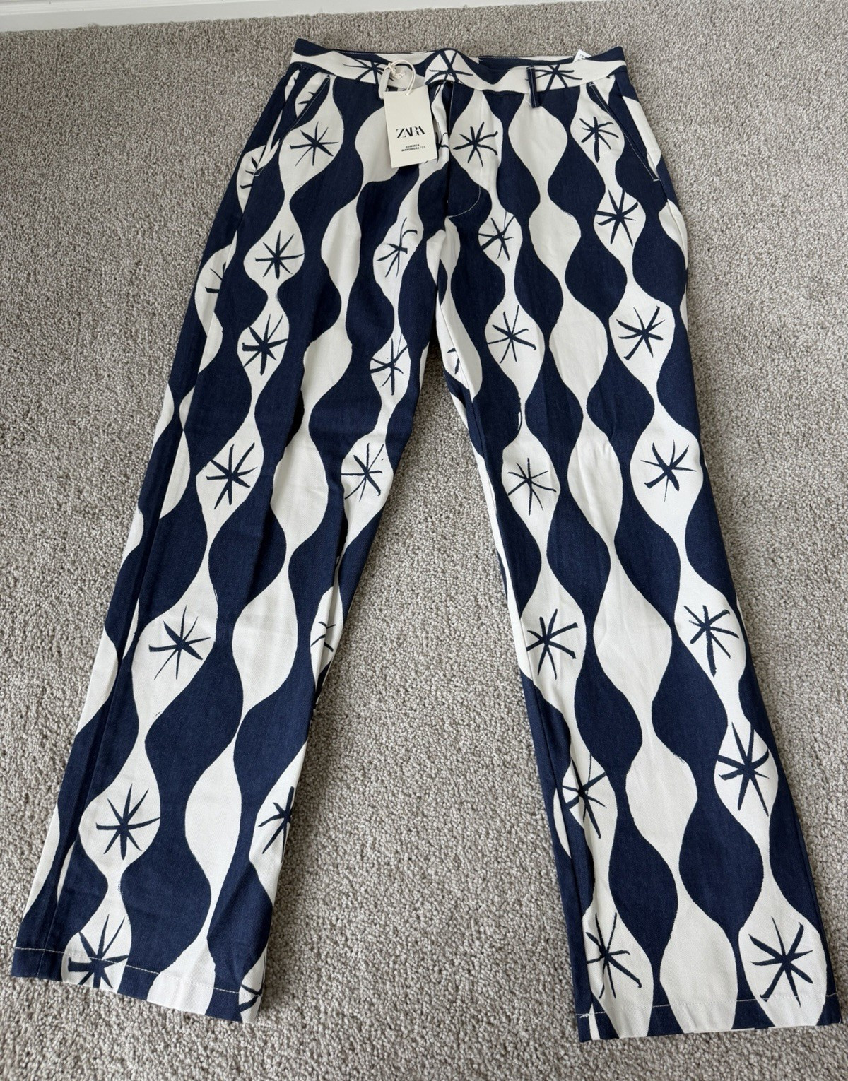 Men’s ZARA Blue & White Geometric Twill Pants Regular Fit Straight Leg Sz 34
