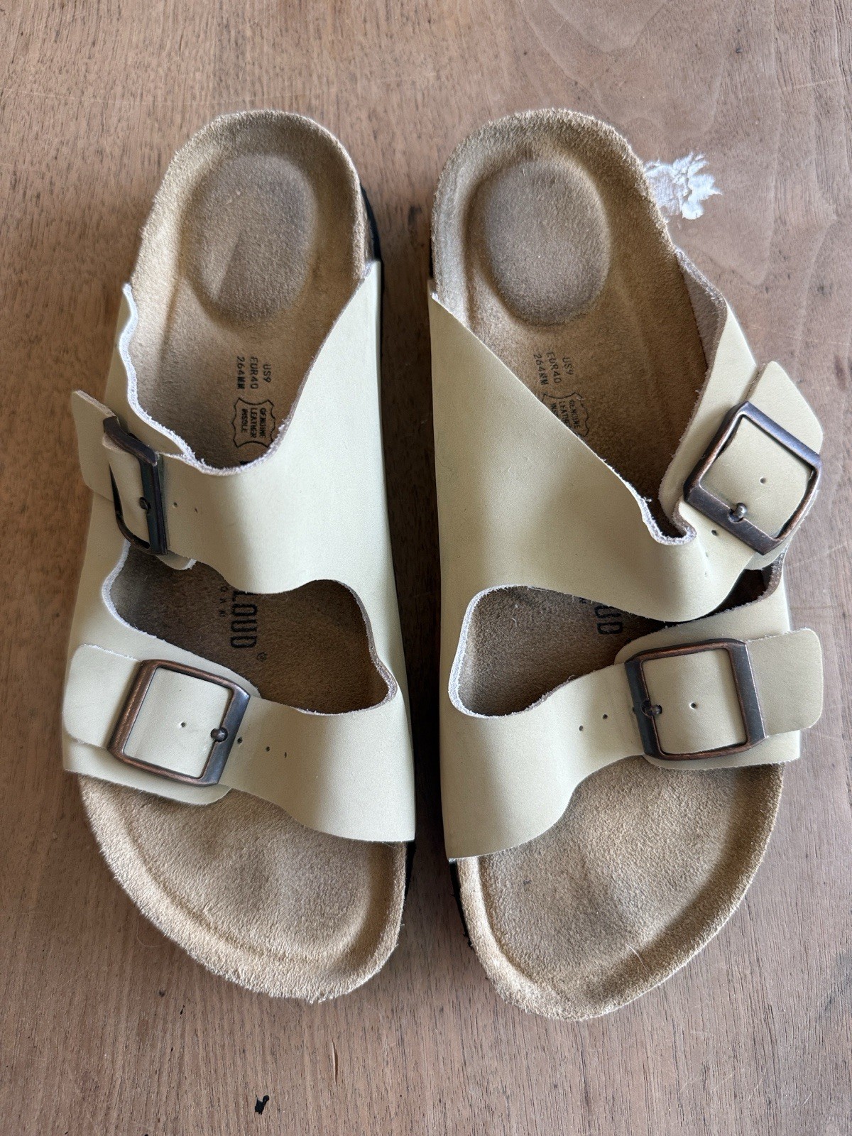 Classic Double-Buckle Project Cloud Women’s 9 Sandals in Light Beige Leather
