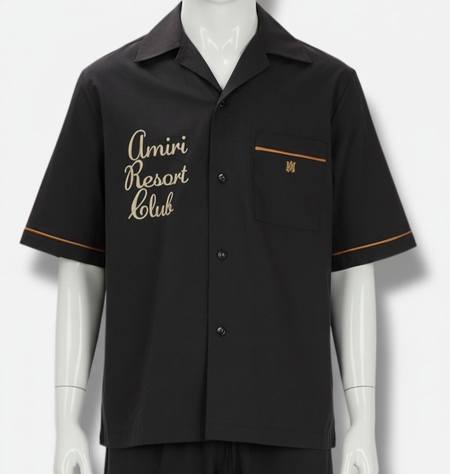 Amiri Men’s Black Resort Club Embroidered Short-Sleeve Shirt Size XL