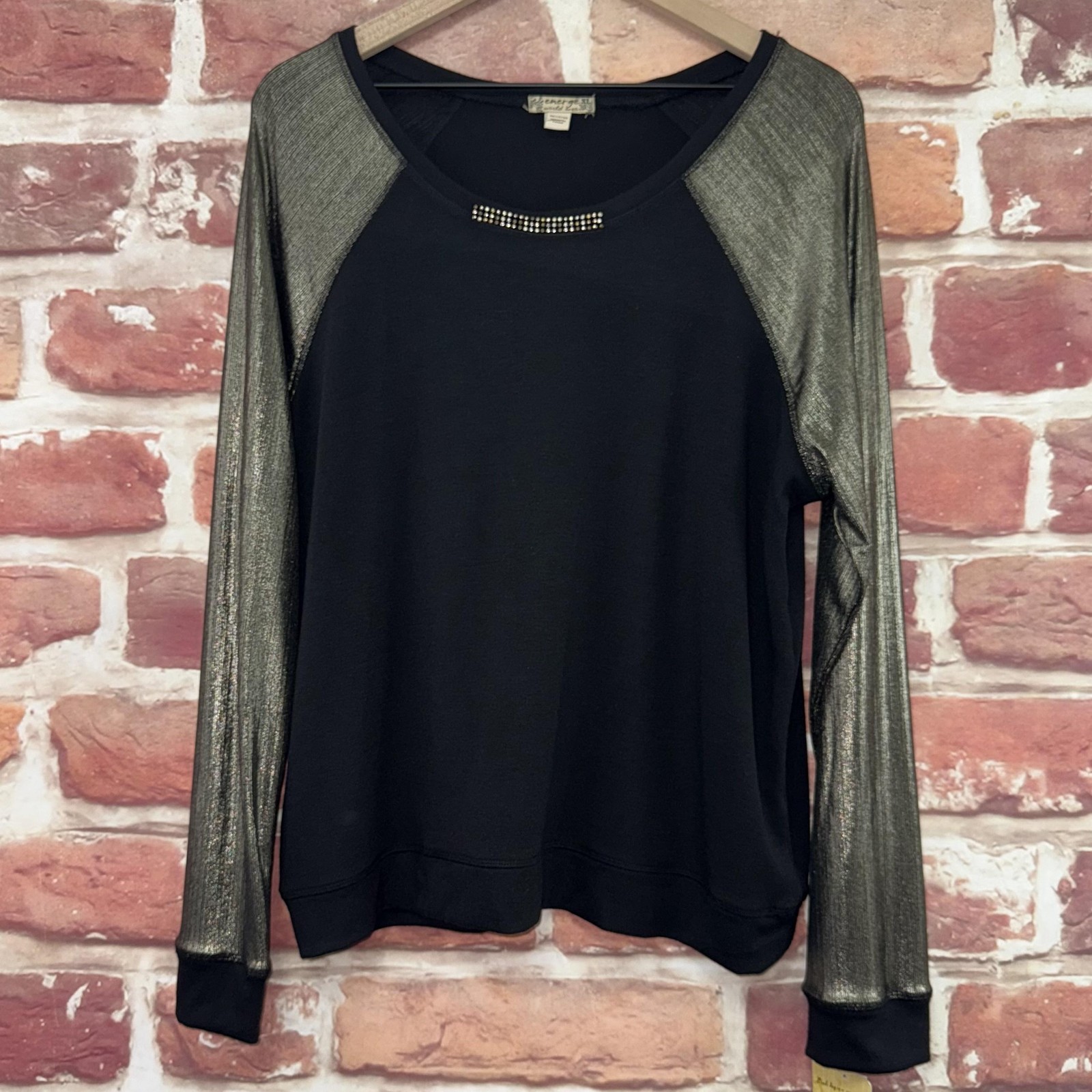 Energe World Wear Top Womens XL Black Gold Metallic Casual Stretchy Shirt