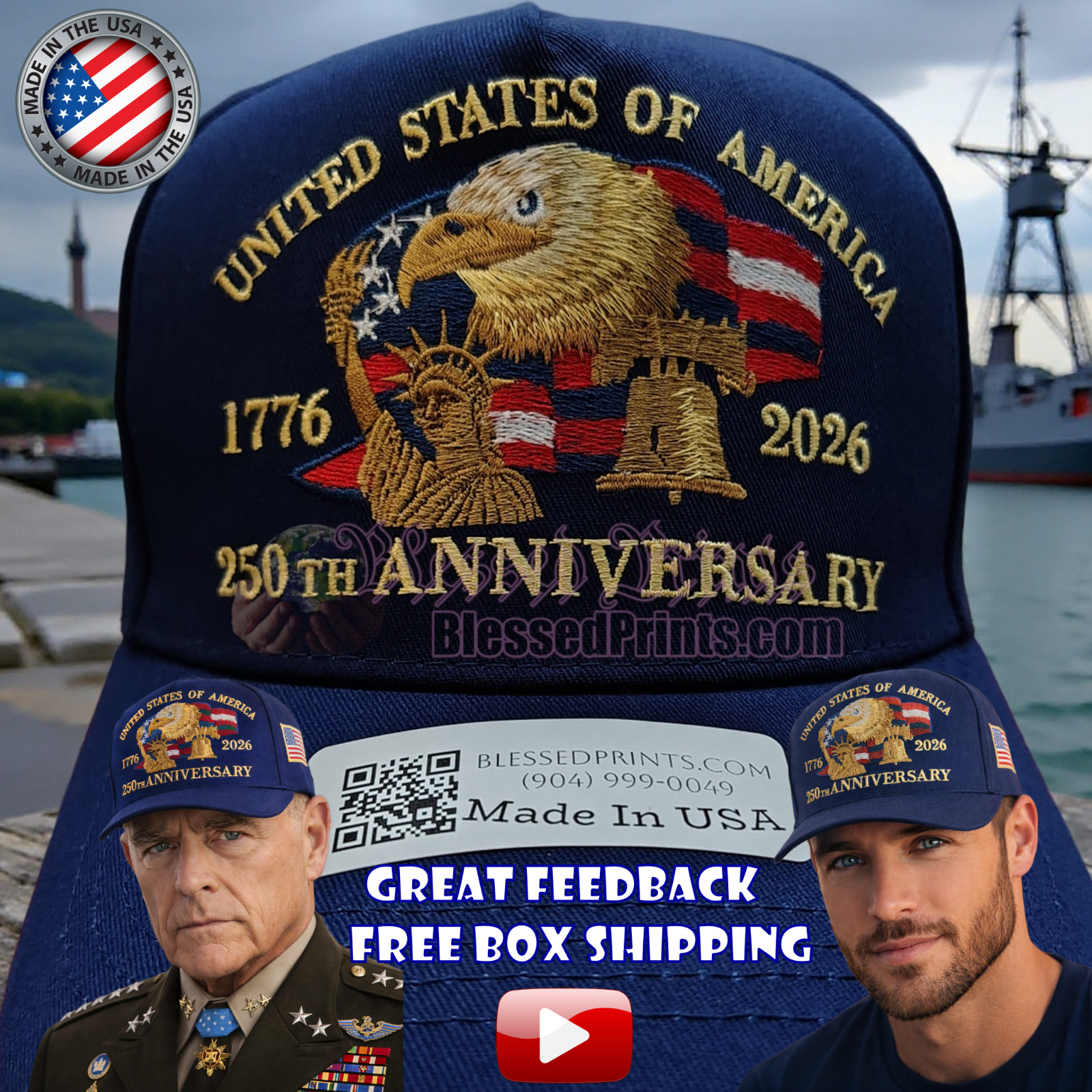 USA 250th Anniversary Hat Cap Eagle 1776 2026 Navy Embroidered Made In USA V1.0