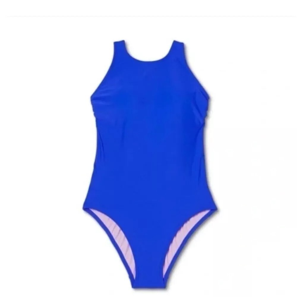 New Kona Sol High Neck One Piece Royal Blue Bathing / Swim Suit Medium 8-10 $36