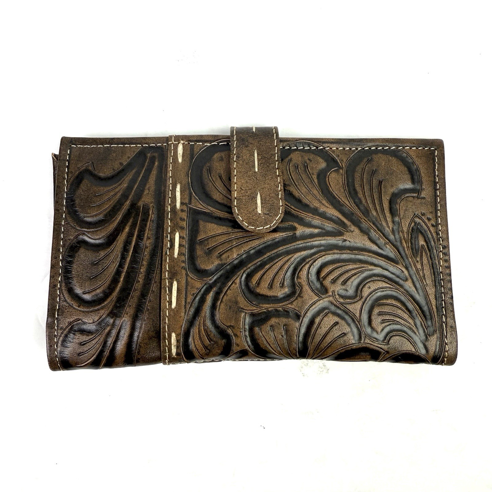 Leaders In Leather Wallet Handmade Floral Tooled Brown Made Paraguay Brand New
