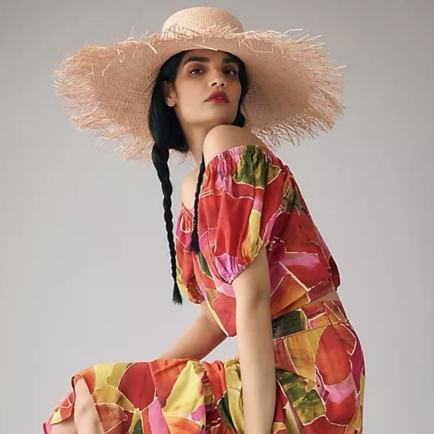 NWT Farm Rio Anthropologie Off-The-Shoulder Colorful Abstract Floral Crop Top SM