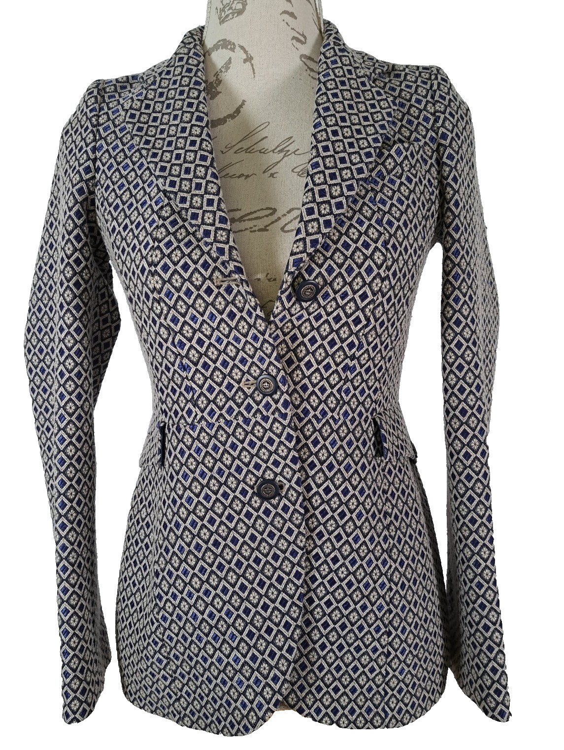 VILAGALLO Wool Blend Blazer Jacket Navy Blue Diamond Star Geometric – Size 36