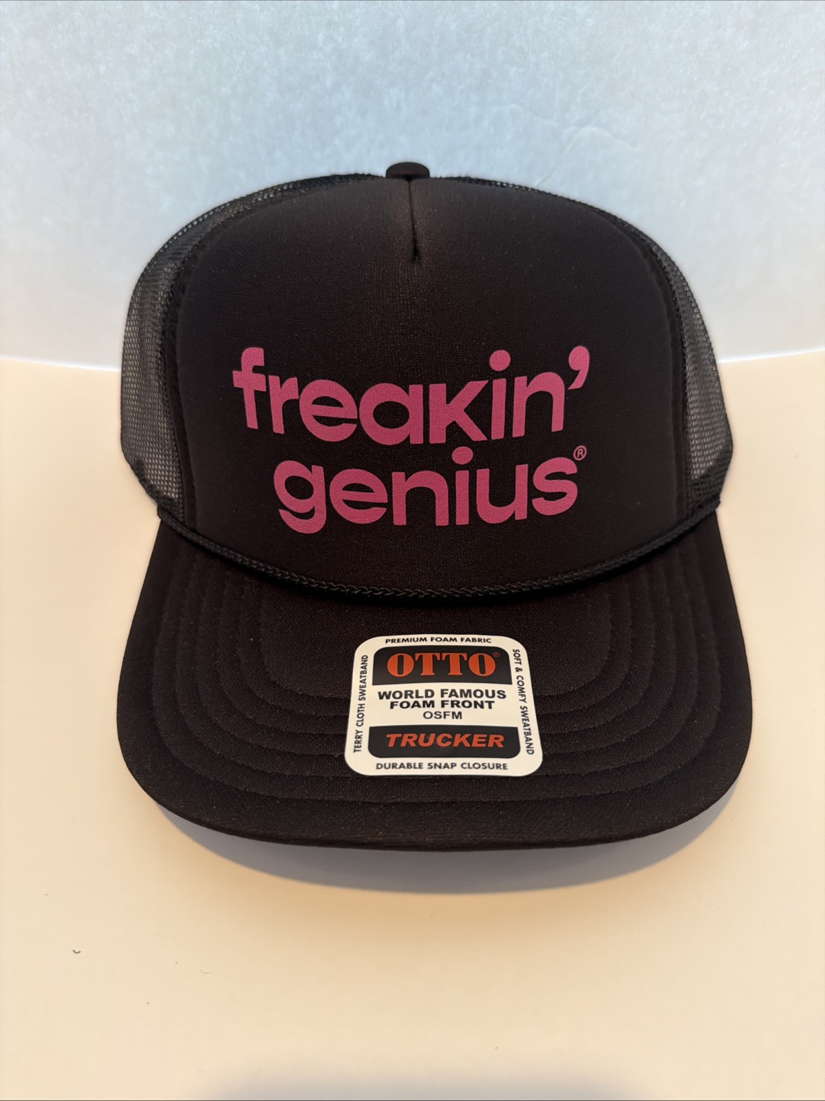 OTTO Trucker Hat Mesh OSFM Back/Pink Adjustable Snapback Cap “Freakin’ Genius”