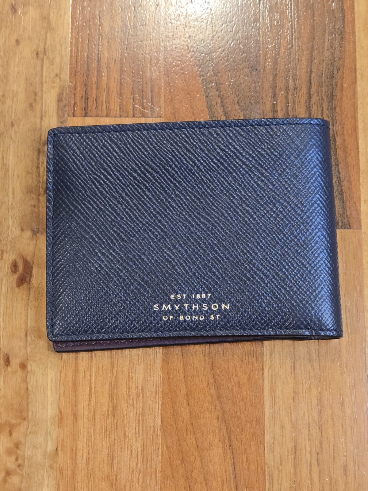 Smythson of Bond Street Men’s Leather Bi-Fold Wallet Navy Blue Made In Italy