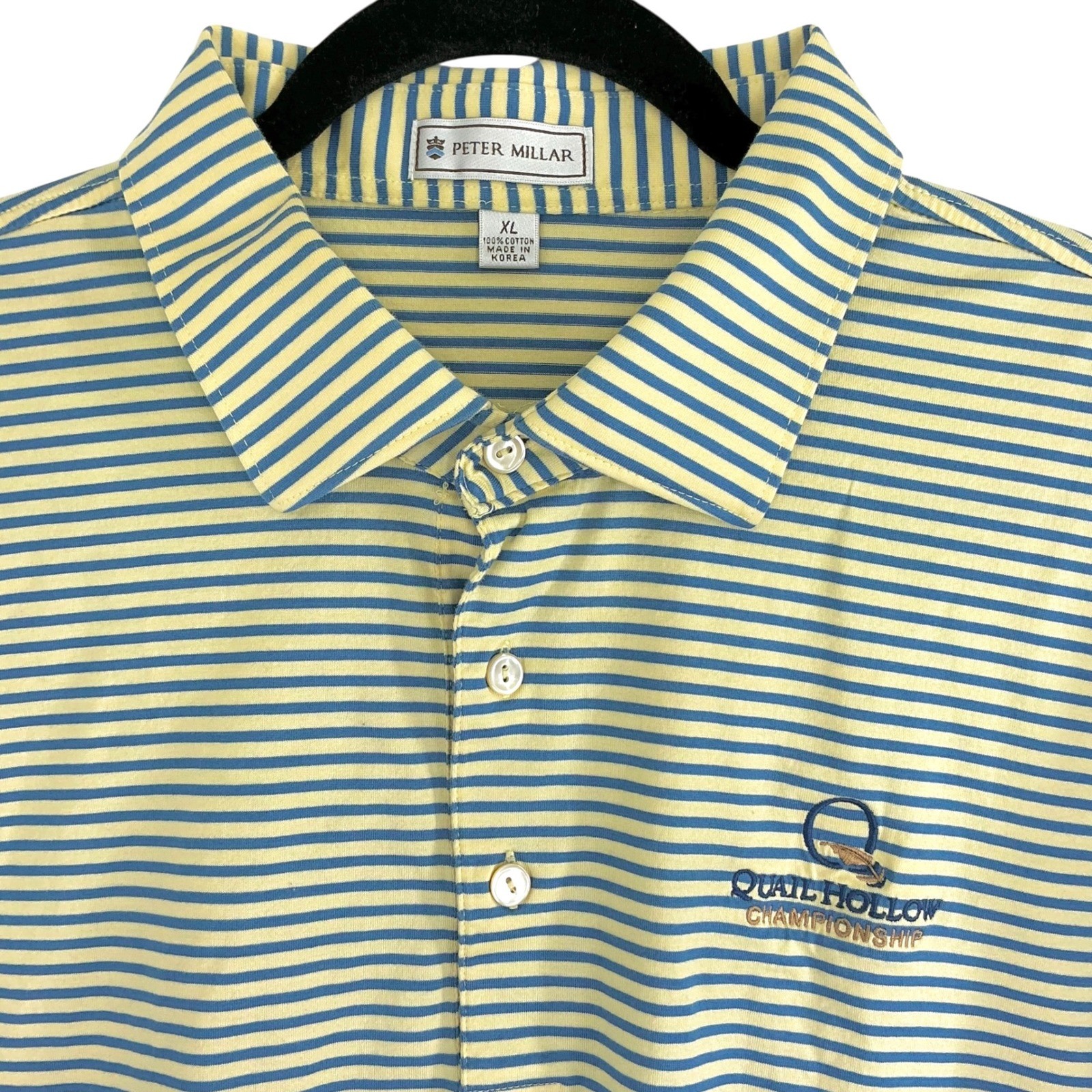 Peter Millar Men XL Yellow Blue Stripe Polo Quail Hollow Championship Golf Shirt