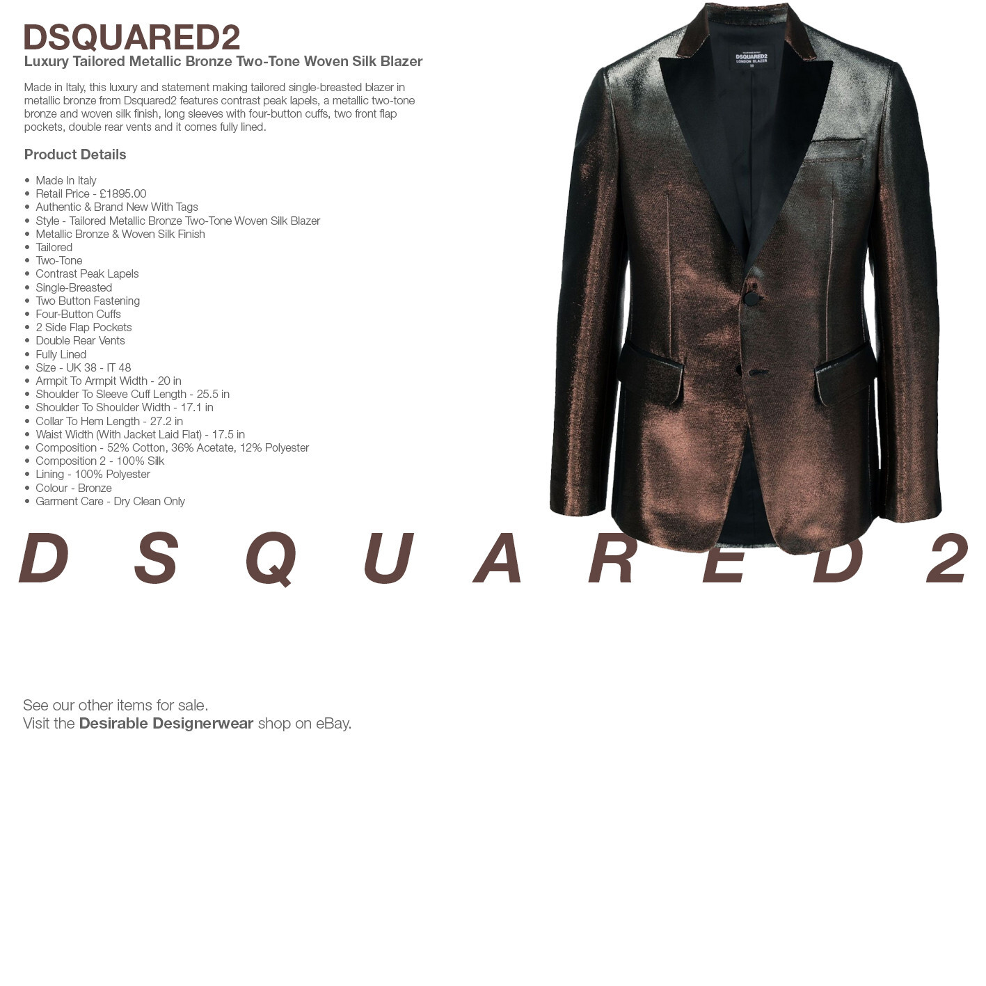 DSQUARED2 Blazer Jacket Two Tone Metallic Silk Bronze Size 48 – RP £1895.00