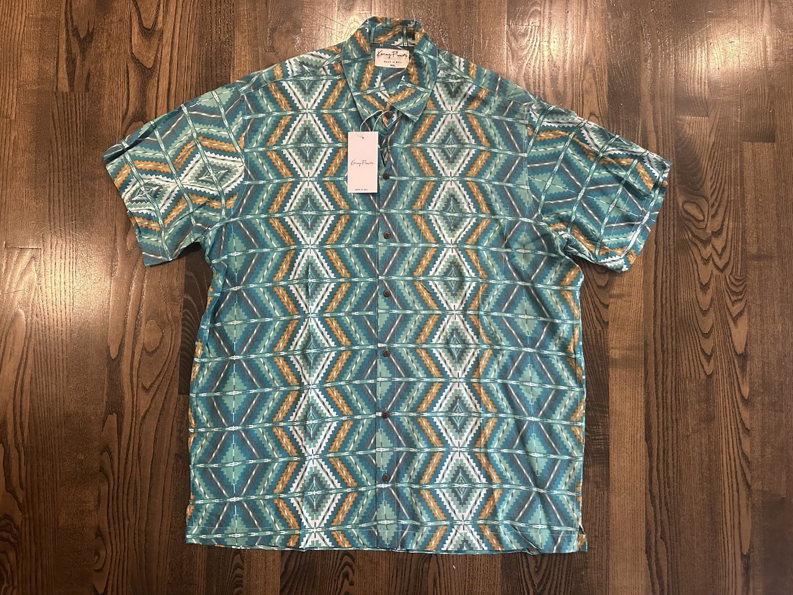 NWT New KENNY FLOWERS Geometric Aztec AOP 100% Cotton Hawaiian Aloha Shirt 2XL