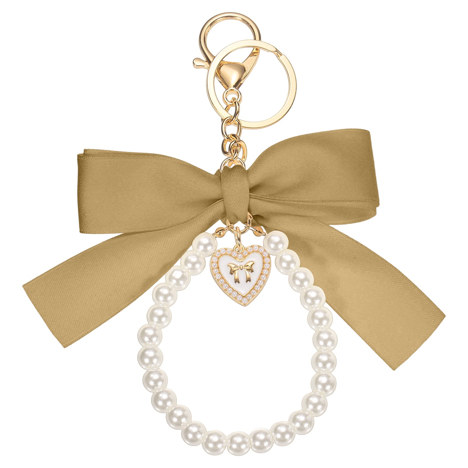 Ribbon Bow Keychain Pearl Wristlet Keychain Heart Pendant Champagne Gold