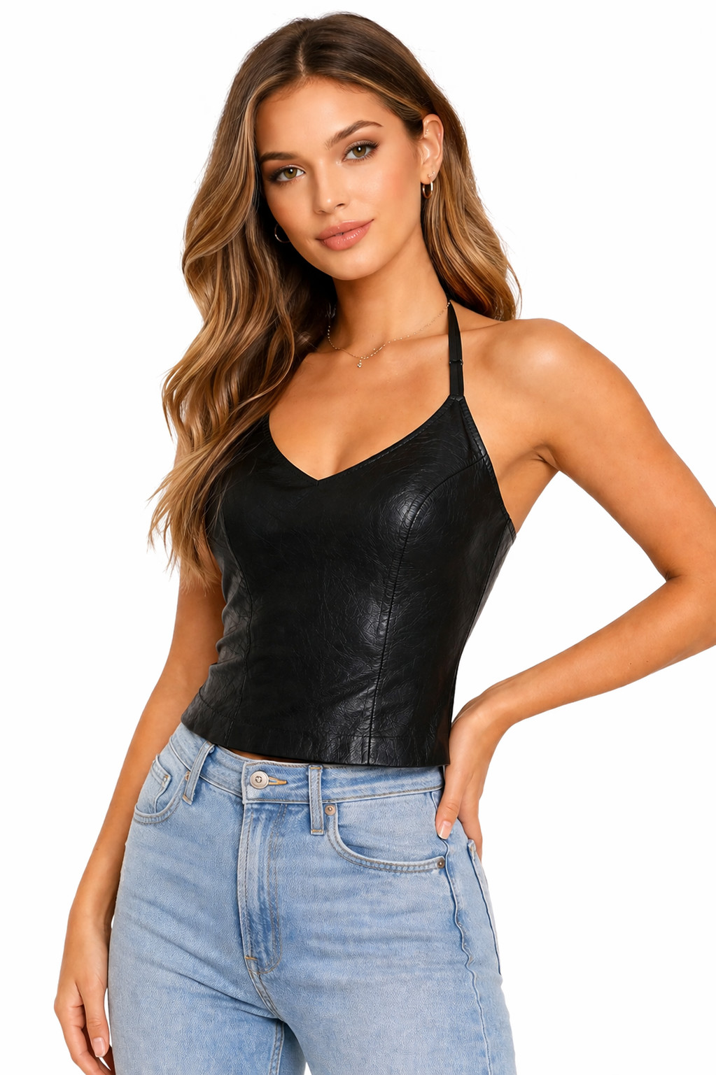 Women’s Genuine Lambskin Black Leather Halter Top — Fitted, Soft & Elegant