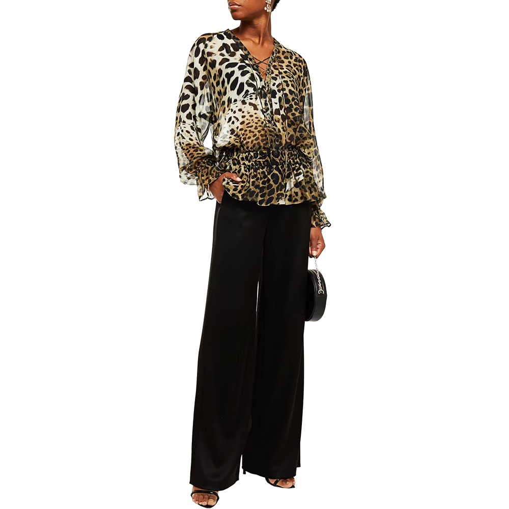 ROBERTO CAVALLI Blouse Leopard Print Silk Lace Up Blouse Size 44 – RP £985.00