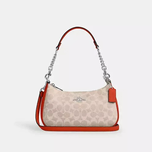 Coach Teri Sand/Deep Orange Signature Canvas & Leather Shoulder Bag (CV933) -NWT