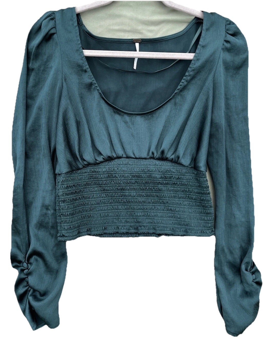 Free People Women’s Green Long Sleeve Scoop Neck Cropped Smocked Blouse M