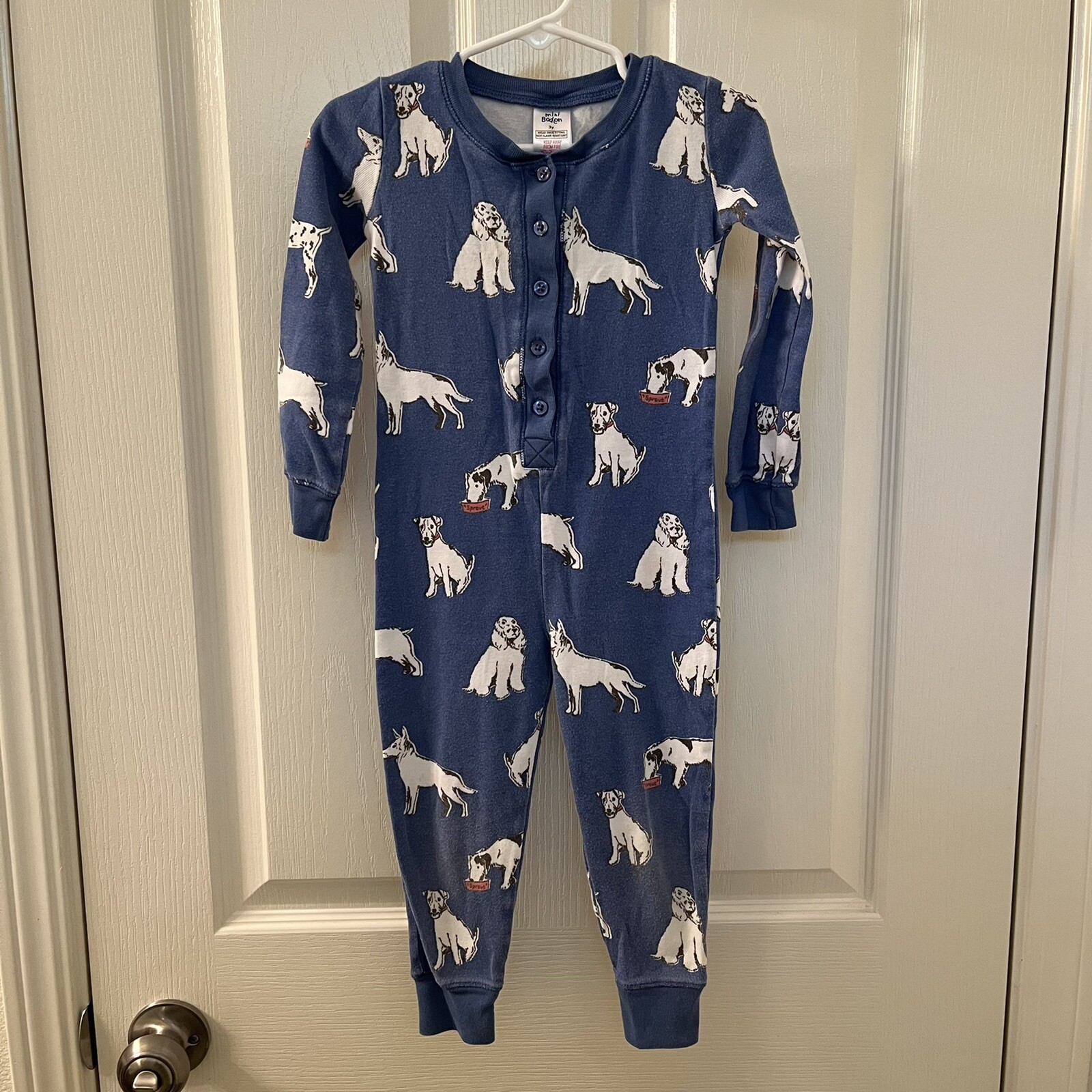 Mini Boden One Piece Footless Pajamas Blue Dog Sprout Button Front Size 3 years