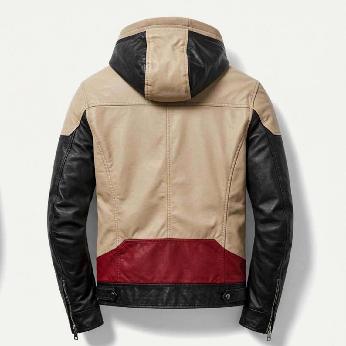 Men’s Hooded Leather Jacket Black Red Beige Biker Motorcycle Zip Up Fashion Coat