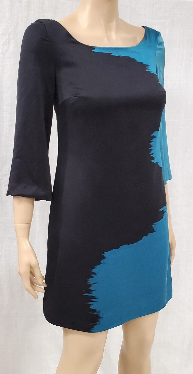 Jay Godfrey Modern Colorblock Silk Shift Dress Blue Black 3/4 Sleeve Womens 0
