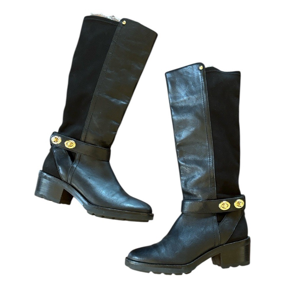 Coach Pearla Black Leather Knee Boot Stretch Calf Size 5.5 B (Normal Fit)
