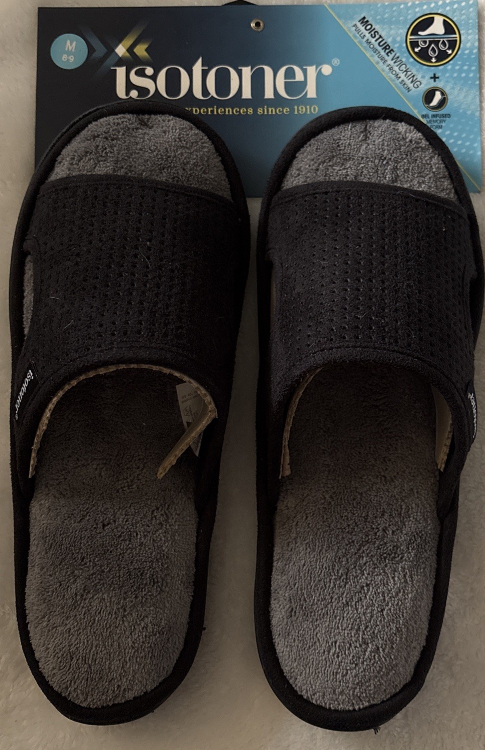 Isotoner Gel infused memory foam Size 8-9 M Black Open Toed Slippers Fur Lined