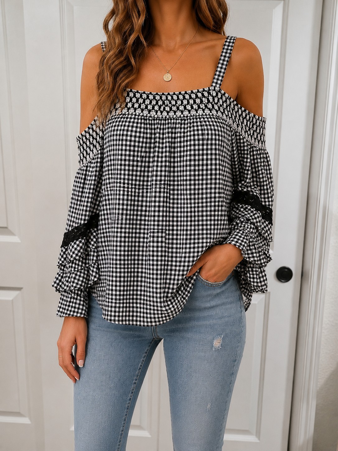 Venus Black White Gingham Cold Shoulder Blouse Womens Smocked Boho Top