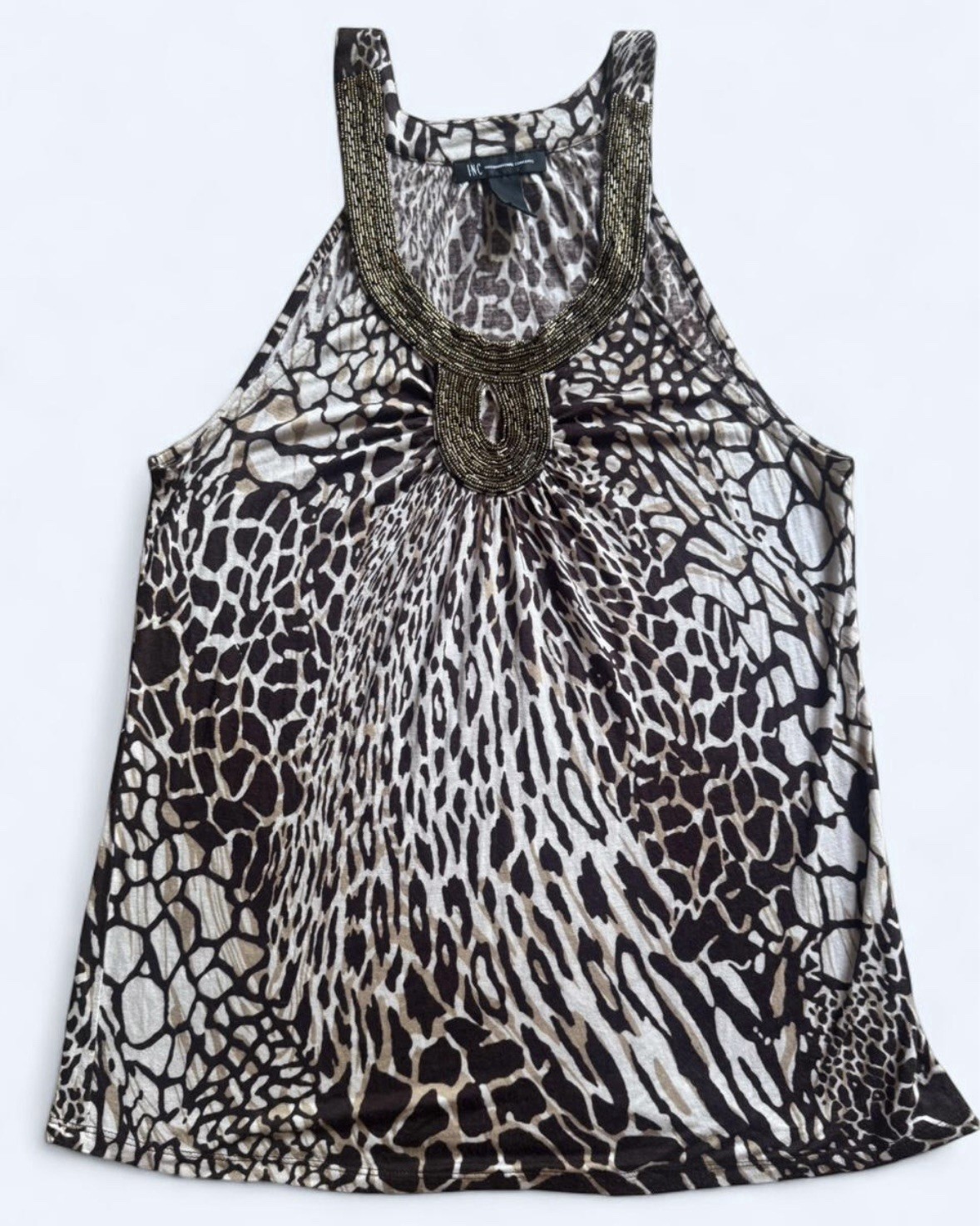 International Concepts Brown and Beige Leopard Print Tank Top w/ Beaded Neckline