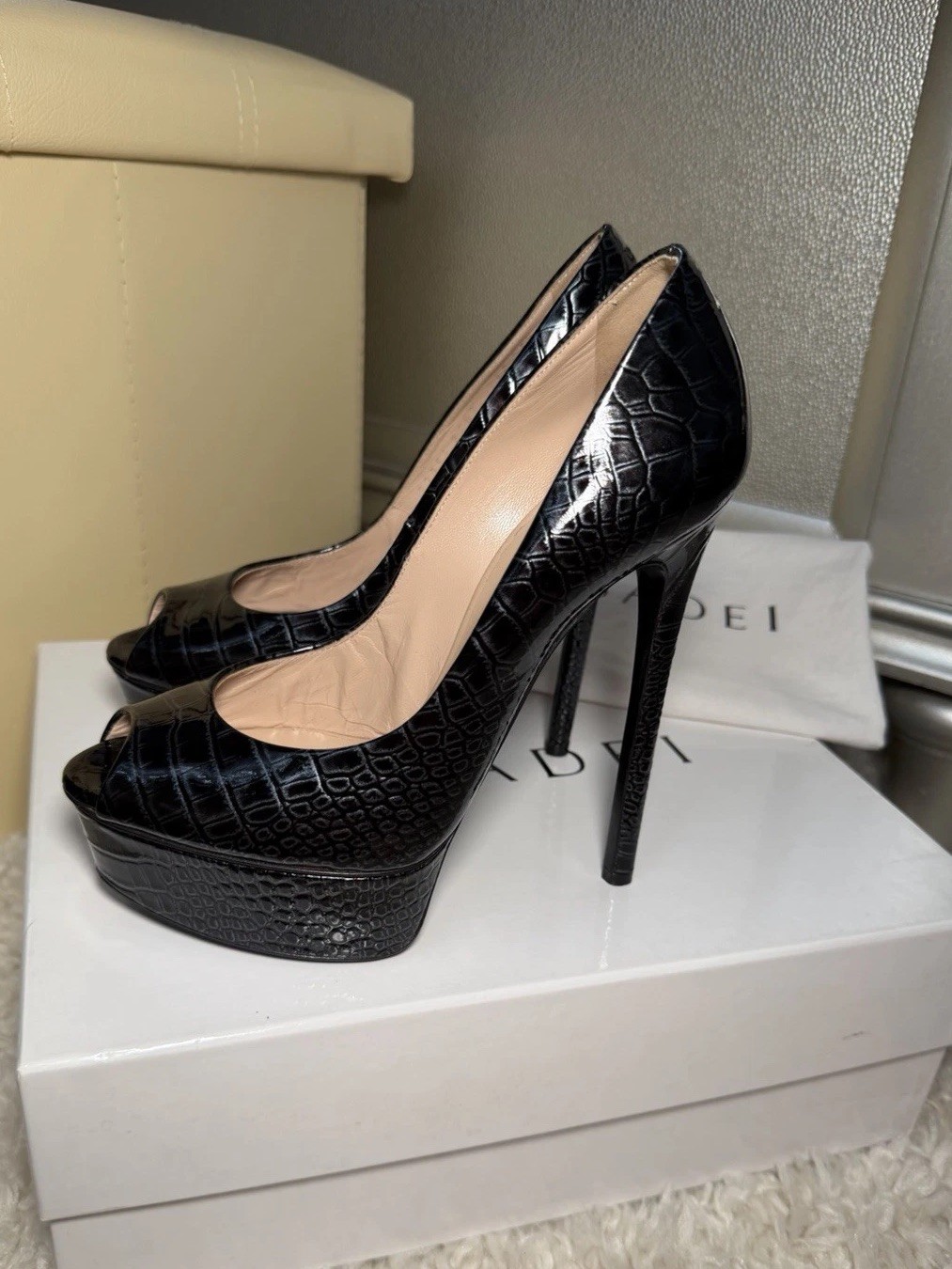 Authentic Casadei Black Croc Embossed Leather Peep Toe Platform Heels EU 36.5