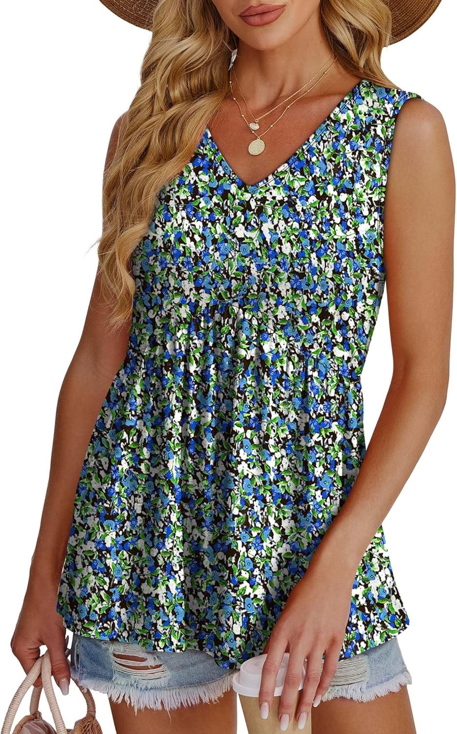 Womens Flowy Babydoll Tank Top Sleeveless V Neck Peplum Summer Casual Blouse