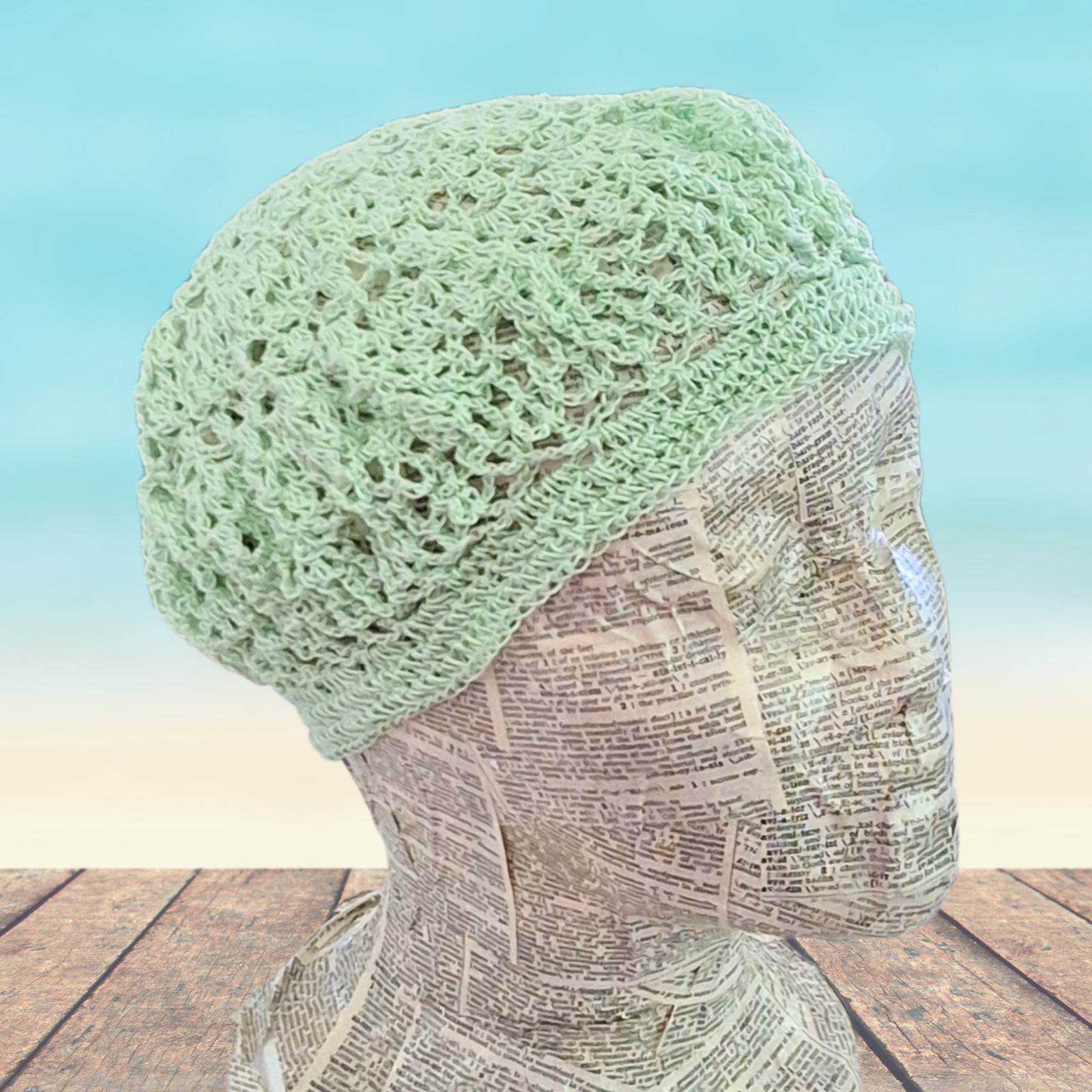 Crochet Lace “Boho” Hat – Light Green Cotton – Adult One Size